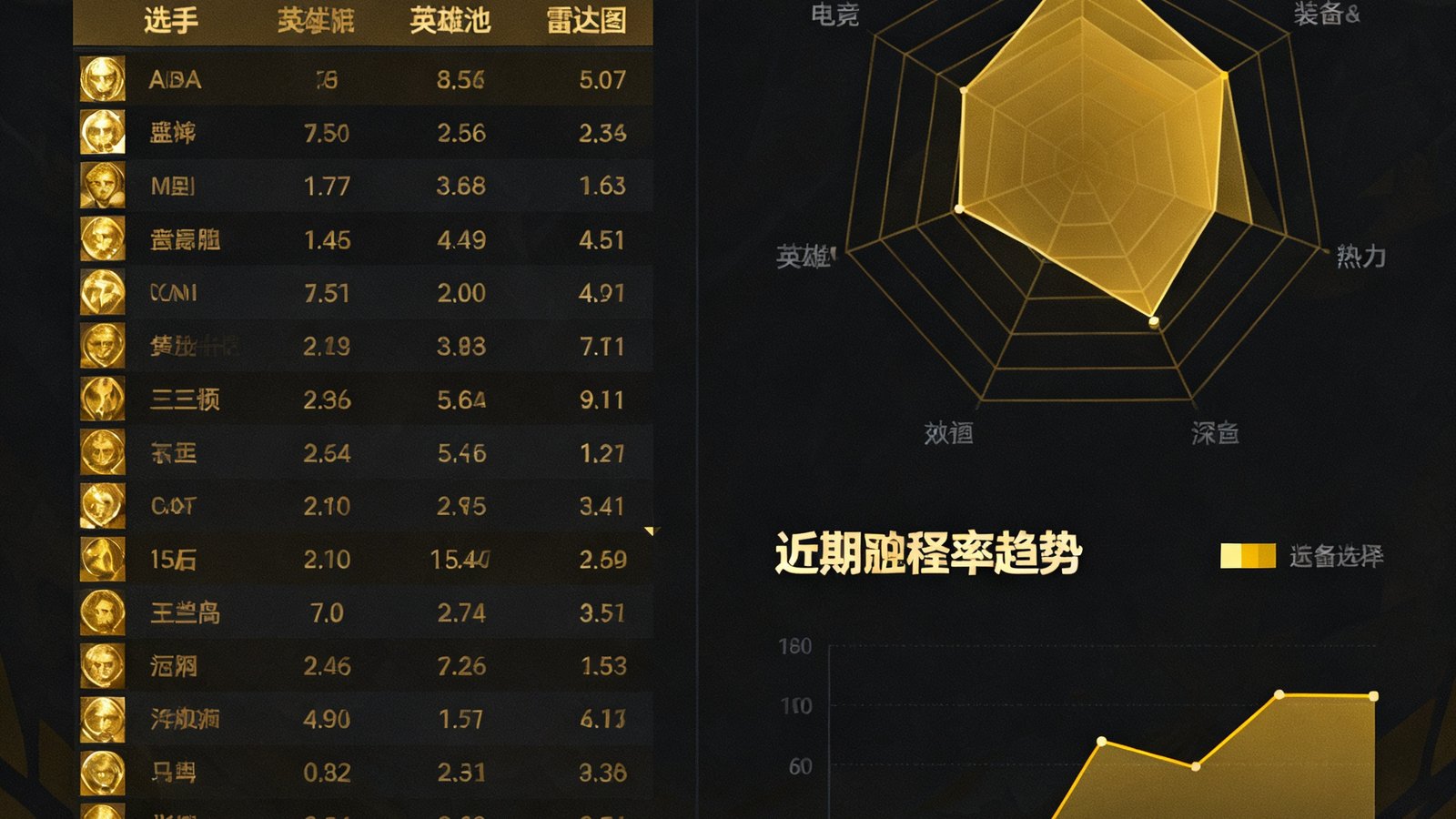 竞技宝英雄联盟数据解析面板界面截图，左侧显示选手个人KDA数据矩阵和英雄池深度雷达图，右侧为装备选择热力图和近期胜率趋势曲线，界面采用深色主题配金色数据高亮